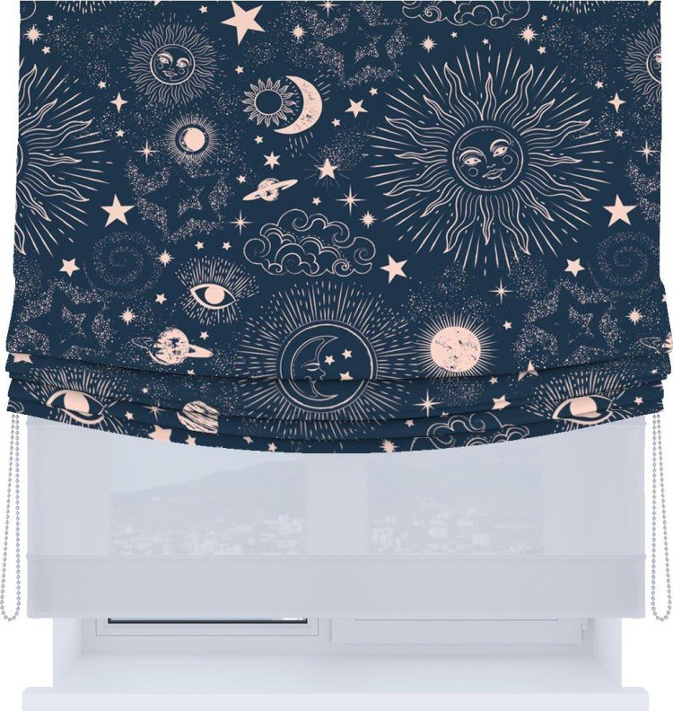 Римская штора «Кортин», день-ночь с мягкими складками, «Звёзды и планеты»